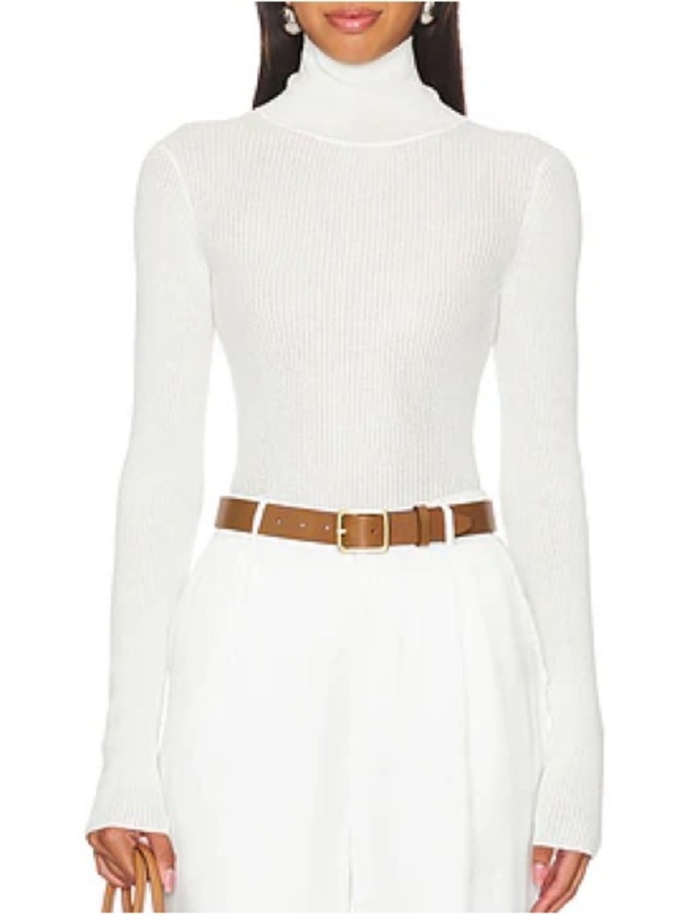 A.L.C. Jo White Ribbed Cotton Blend Turtleneck Long Sleeve Top Size Medium